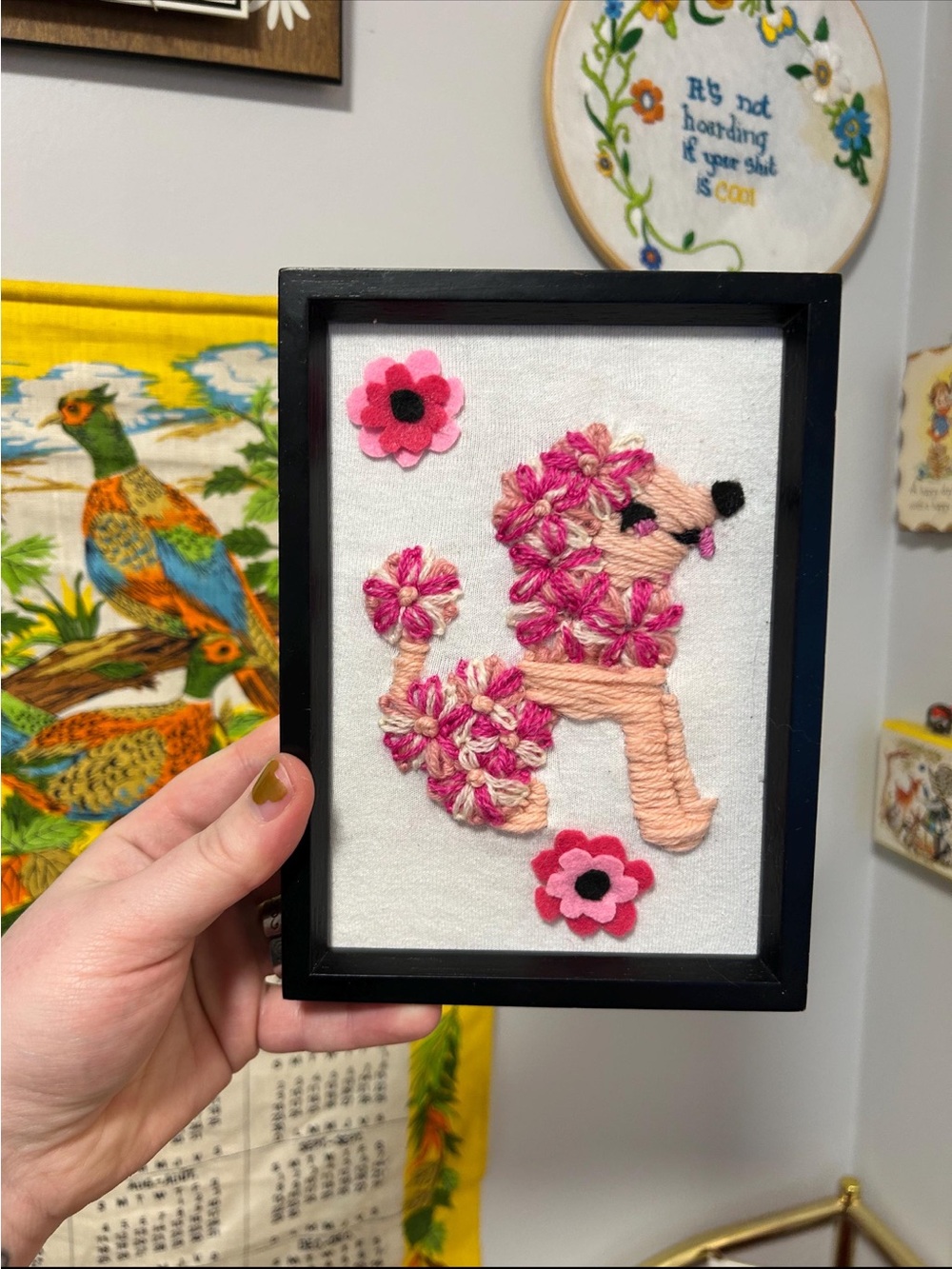 Vintage Inspired Pink Poodle Embroidered Crewel